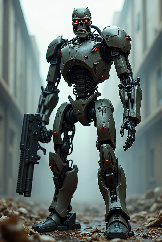 4 Terminators T 9, Detailed metal skeleton with red eyes and advanced weapons in his hands