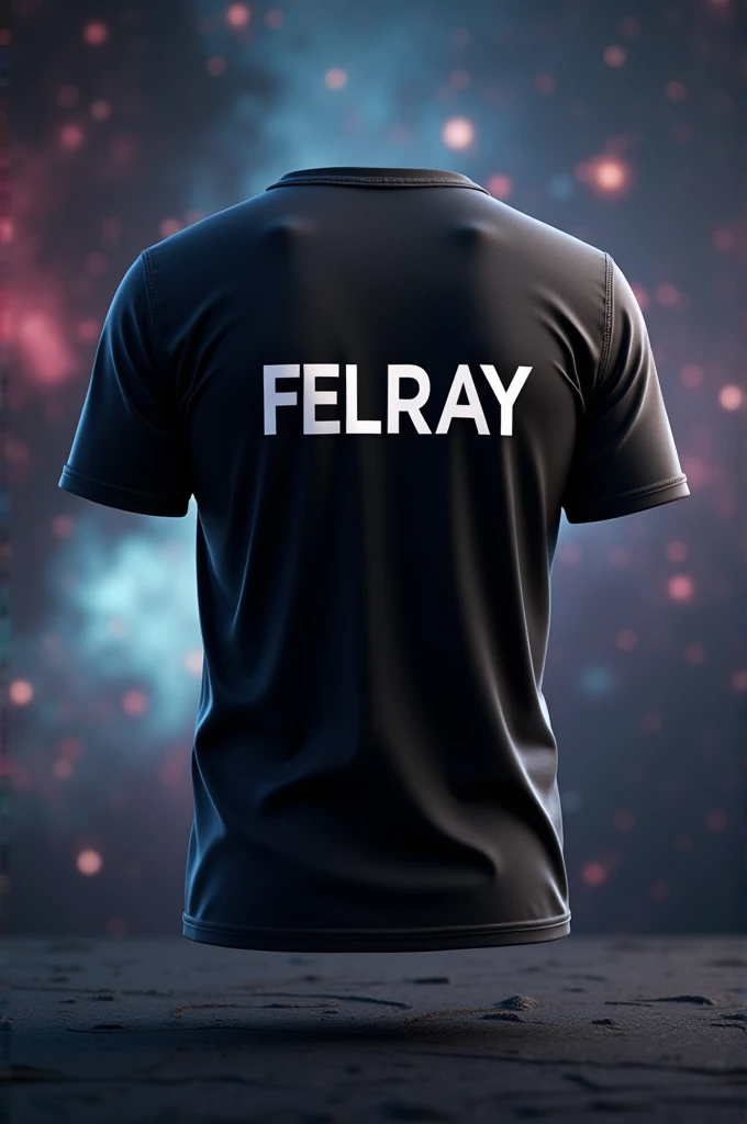 back of 3d floating black t-shirt, universe background and large written logo "FELRAY"