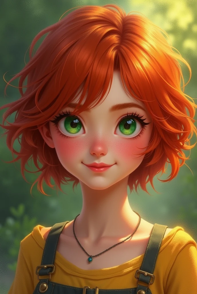 A girl with short red hair and slightly wavy hair 

