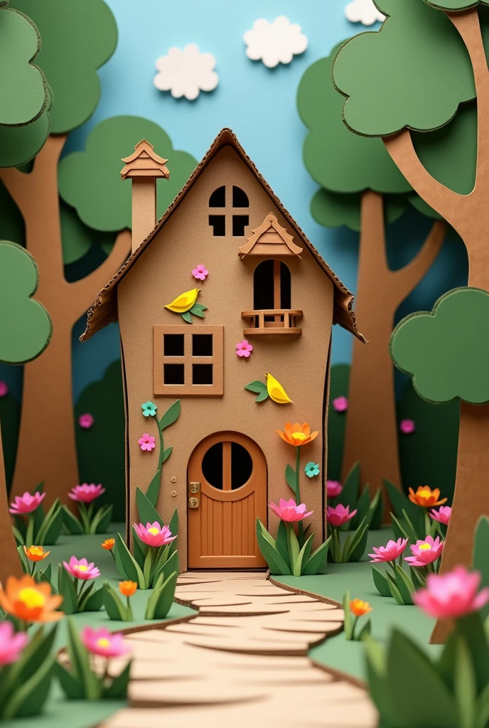 I would like you to design a house made of cardboard and cardboard trees around it., flores, birds like snow white&#39;s house for a school play set

 
