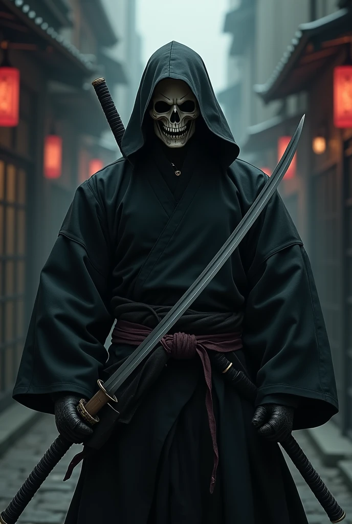 Create an anime style character wearing a black haori with a skull mask and dual katana 