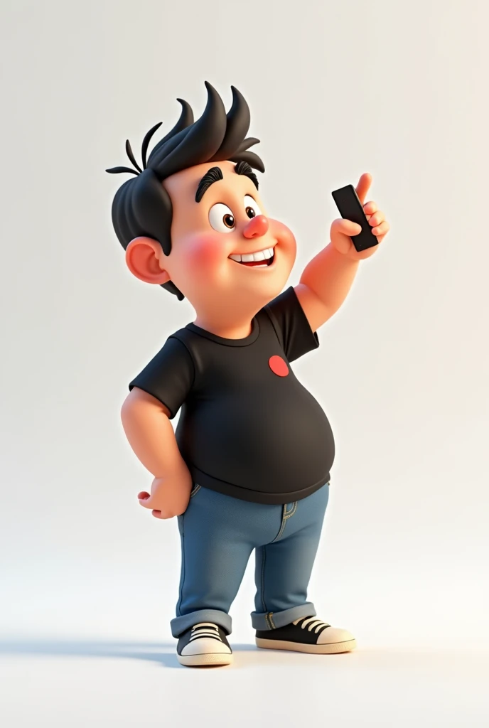 Create a Disney Pixar style character in a white setting a white man,Round face, narigudo, with thick eyebrows, the short hair down, short in stature, wearing a black t-shirt with a red circle on the left chest and jeans, with one hand holding a cell phone and the other pointing upwards