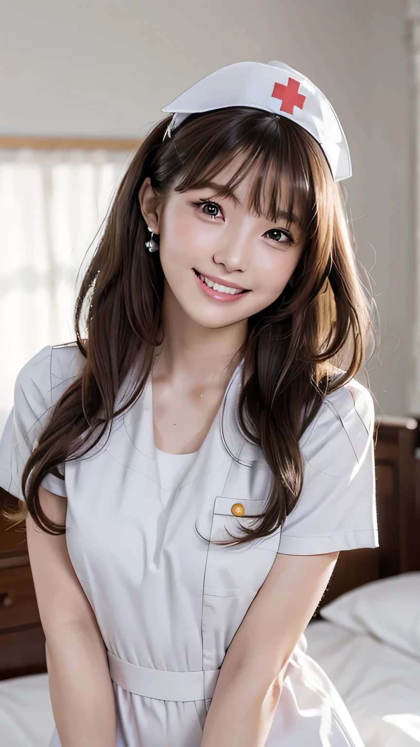 (Highest quality, DSLR shot, 8k, top quality, high resolution, highest quality, highest resolution, very beautiful woman, perfect anatomy), light brown eyes, very light brown eyes, small diamond-shaped earrings, looking directly at the camera, beautiful brown hair, ((baby face, loose and cute medium ponytail)), very short and beautiful bangs on brown hair, E-cup bust, showing beautiful décolletage, very beautiful 20-year-old, lip gloss, smiling very happily, very cute smile, upper teeth, beautiful teeth, (random hospital room (background only)), slightly larger eyes, small face, tall supermodel, beautifully shaped model, random cute gravure poses, dynamic angle, eye focus, head tilt, very detailed and realistic, very beautiful 20-year-old, ((medium shot)), sharp jawline, ((nurse cosplay)), deep waistline, sexy legs, side view, smiling very happily, laughing, summer afternoon