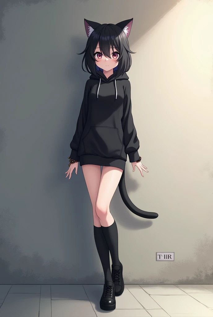 A anime cat girl. Shes standing up laying on a wall she has knee high socks, black shoes, black hoodie, black tail, Black hair and black cat ears, she has spiky wrist bracelets to.