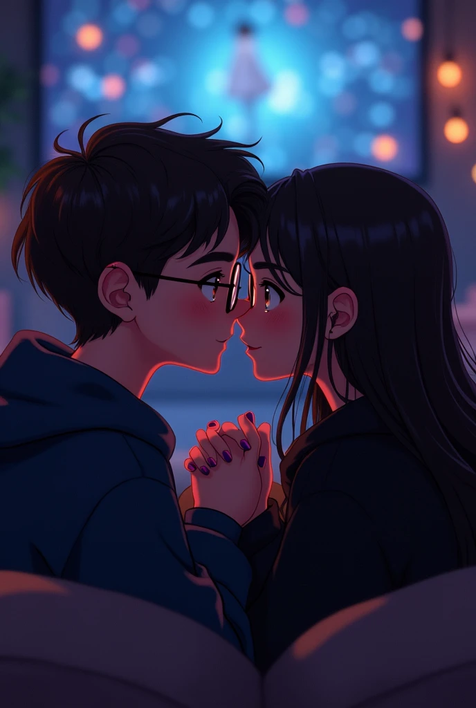 a couple, boy with circular glasses wide face , girl without glasses and long hair, purple nails, watching a movie in the living room and kissing, Both watching the movie and being seen face to face , They are at the cinema and the girl is wearing a black hoodie, shaking hands for the first time