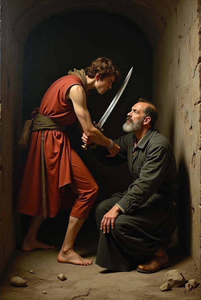 Create a Catholic Baroque artwork of a young jew man cutting off the head of a drunk jew man with a sword in a Jerusalem dungeon.
