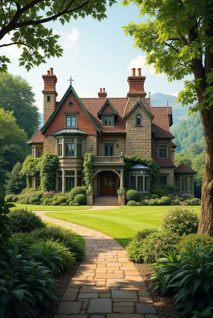 A country house with a traditional design, often with stone or brick walls, gabled roofs and a large garden. Ideal for those seeking tranquility and outdoor space