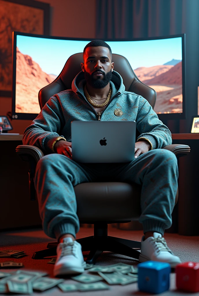 high resolution, ultra detaild), (cinematic), (ultra HD), standing alone, gucci tracksuit outfit,gold chain on neck , goatee on the chin and beard,sitting gamer chair macbook on lap, in the background a curved screen monitor,, 2 dice on the floor, one blue and one red, a lot of money, de casino,