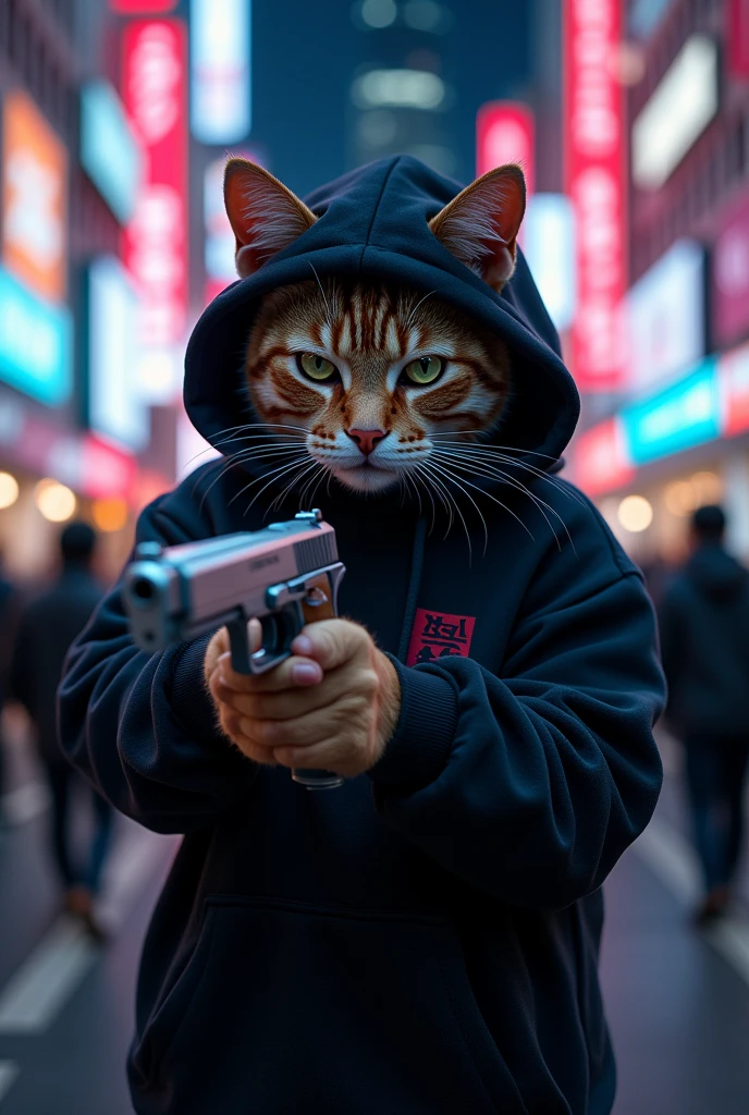 cat wearing a black hoodie on the streets of tokyo holding a gun