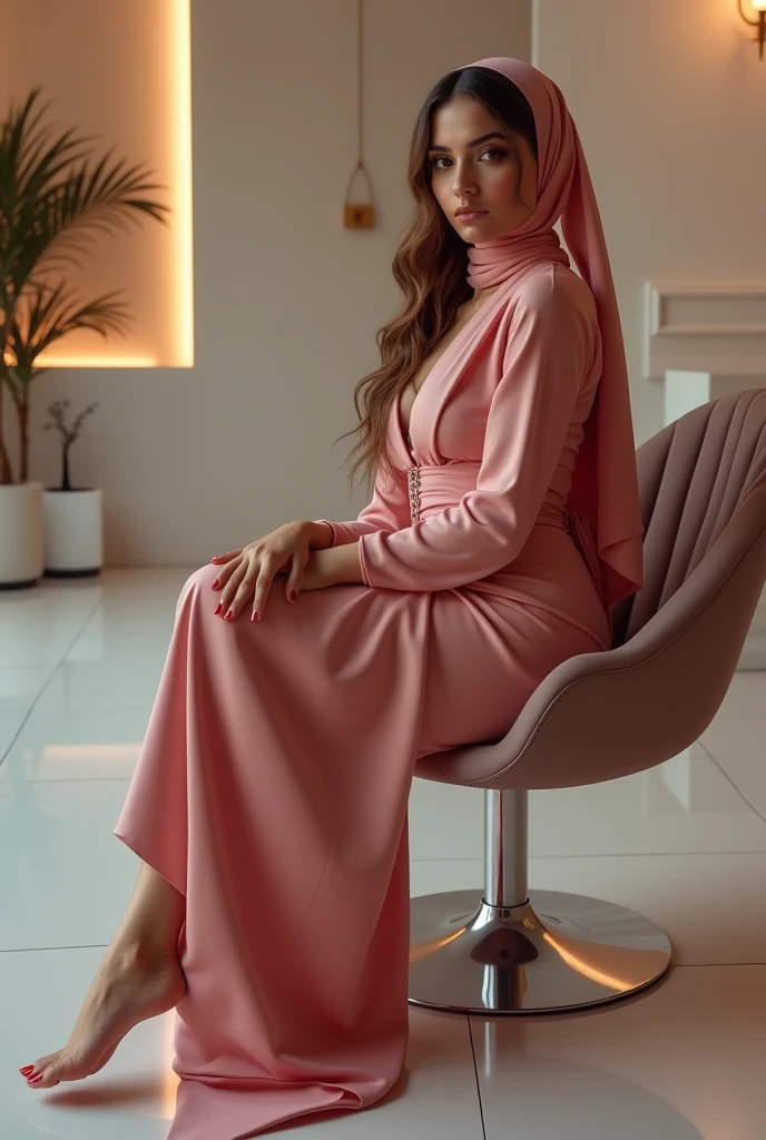 real,-Girl,Arabic, arabic girl,  Sexy feet, white toenails, in the nail salon, crossed legs nail studio, long nails, rosa Outfit, crossed legs, sexy posing feet, BIG ASS, hijab