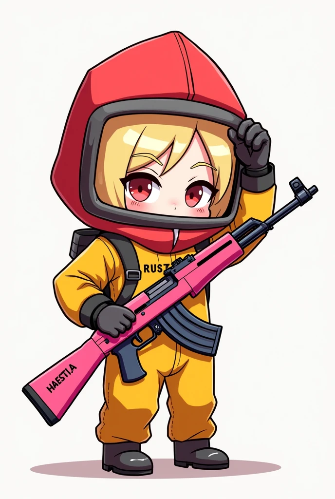 DESSIN VERSION CHIBI D UN PERSONAGE FILLE AU CHEVEUX BLOND DU JEUX VIDEO RUST EN HAZMAT QUI EST DE COULEUR ROUGE SUR LA CAPUCHE ET JAUNE SUR LE RESTE DU CORP DE LA COMBINAISON LA CAPUCHE EST CARRE AVEC UNE AK ROSE AEC ECRIT HAESTIA DESSUS
DANS UNE MAINS ET DANS L4AUTRE ELLE LEVE LA VISIERE DE SON HAZMAT AVEC ECRIT RUST SUR LA COMBINAISON