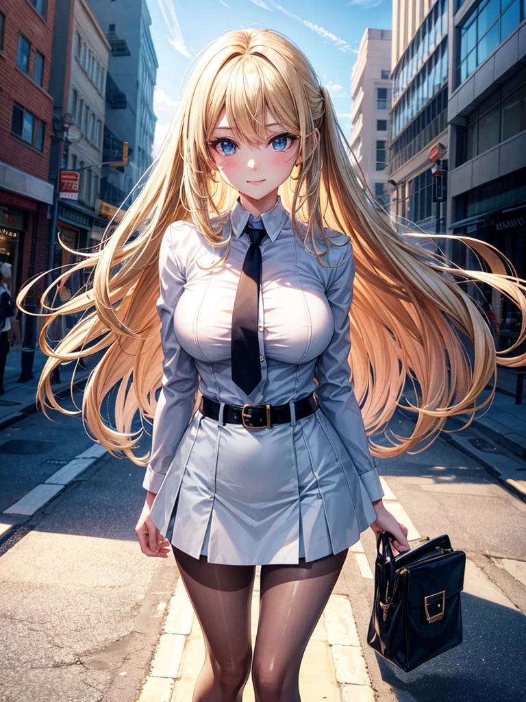 Anime style, super fine illustration, highly detailed, beautiful detailed, perfect detailed, super high quality image, static representation, gentle expression, happy expression, the pretty image, super stylish, 8k, pretty 1girl with blonde straight short hair & blue eyes & a bright smile & full bust & soft fair skin is a career woman supervisor who is very hard working not to show her skin wearing big white business shirt & summer tailored jacket & tight skirt & black pantyhose on the urban business buildings street, in the morning, solo, perfect fingers, no more fingers, no less fingers, perfect arms, no more arms, perfect legs, no more legs, no more hair, masterpiece.