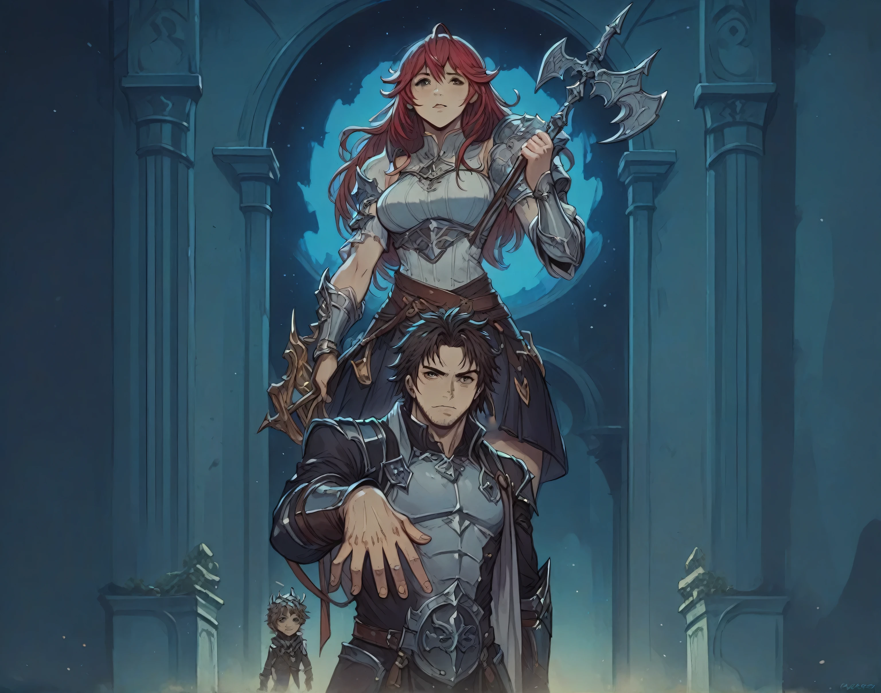 there is a woman and a man standing in front of a building, coriolios rpg art style, legends of runeterra, granblue fantasy, dungeons and dragons portrait, detailed digital 2d fantasy art, medium shot of two characters, full art, 2. 5 d cgi anime fantasy artwork, krenz cushart and wenjun lin, d&d portrait