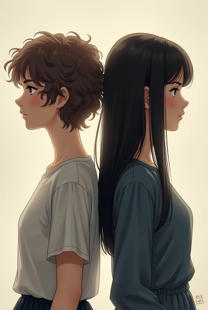 Duas garota both facing opposite directions de costas uma para a outra, the one on the left with short hair above the ear with brown curls and the one on the right with black hair, smooth and long, both facing opposite directions