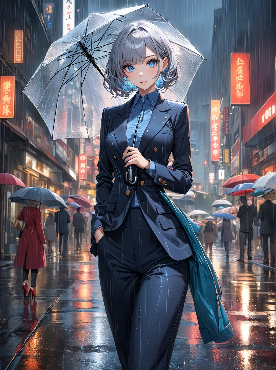 Ultra high resolution, rich colors, perfect image, top quality, detailed image, beautiful woman, glowing skin, skin and clothing texture, delicate eyes, rainy city, holding umbrella, casual pantsuit, pumps, silver bob hair, blue eyes