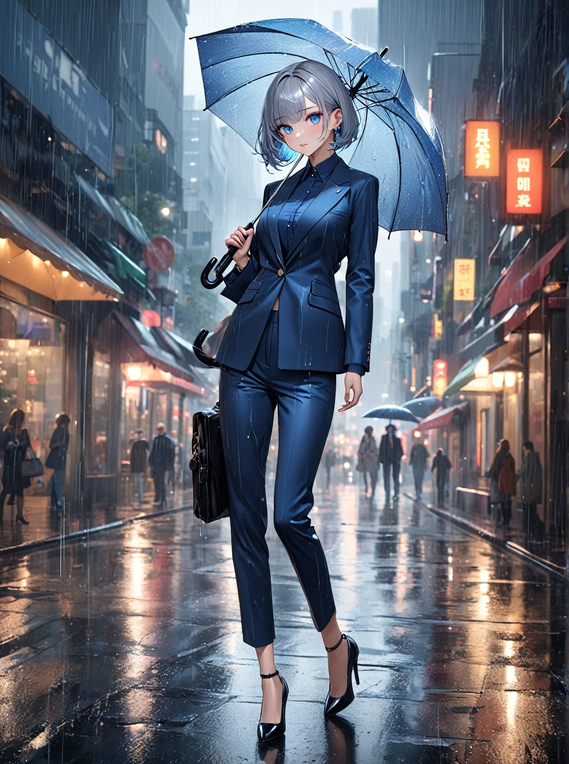 Ultra high resolution, rich colors, perfect image, top quality, detailed image, beautiful woman, glowing skin, skin and clothing texture, delicate eyes, rainy city, holding umbrella, casual pantsuit, pumps, silver bob hair, blue eyes
