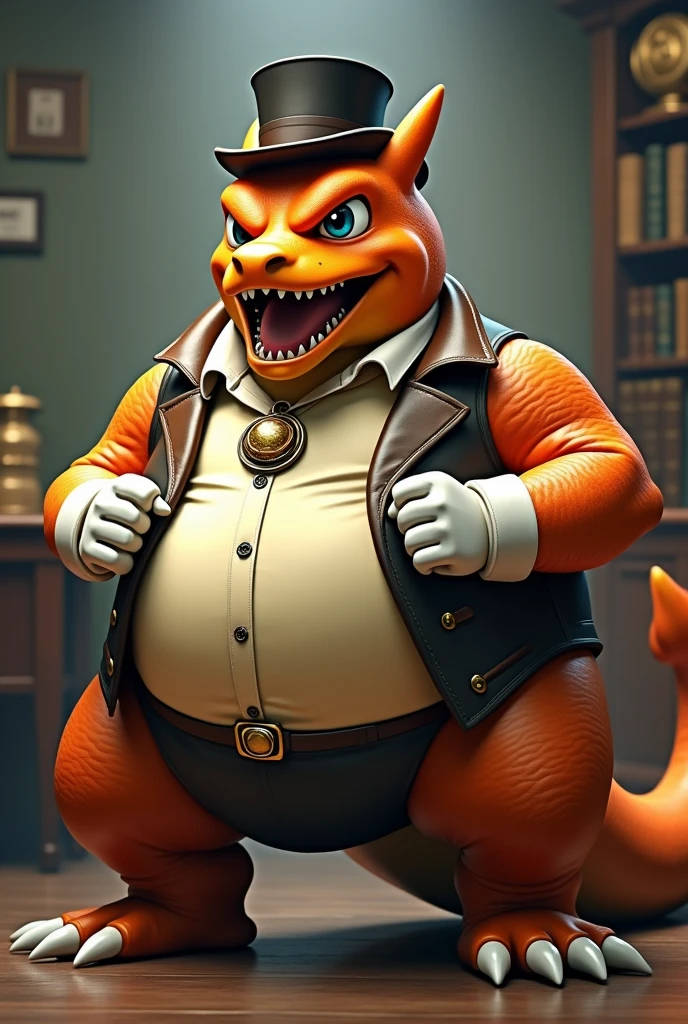 Charizard, leather collar, white rubber gloves on hands and feet, white spats on feet, fat, bulging belly, large belly, (high quality,4k,8k,highres,masterpiece:1.2),ultra-detailed,(realistic,photorealistic,photo-realistic:1.37), masterpiece,(intricate details), captivating artwork, artistically rendered, masterful strokes, attention to detail, tasteful composition, alluring charm, careful shading, great attention to anatomy, meticulous rendering, impeccable craftsmanship, vivid colors, perfect balance between realism and fantasy. Solo, Male, fat, squatting, extremely obese, gentleman, dapper Professor Charizard, bulging belly, large belly, blue eyes, (posing:1.3), (soft shading), 4k, hi res, ((detailed face, detailed)), looking at viewer, mouth wide open, steampunk, office, collared shirt with buttons, top hat, male focus, Explorer Outfit, glasses, monocle, vest with buttons, sleeves rolled up, round eyewear, brown headwear, brown vest, Charizard is wearing a glossy leather dog collar around the neck, Charizard is wearing the leather collar and shirt and vest at the same time, Charizard is wearing glossy white rubber gloves on the hands, wearing white rubber gloves on the feet, gloves are rubber in texture, clenching teeth, clenching fists, leather collar is glossy and shiny with a lot of detail, Charizard is wearing gloves and leather collar at the same time, leather collar has a round dog-tag, leather collar is thick and detailed.