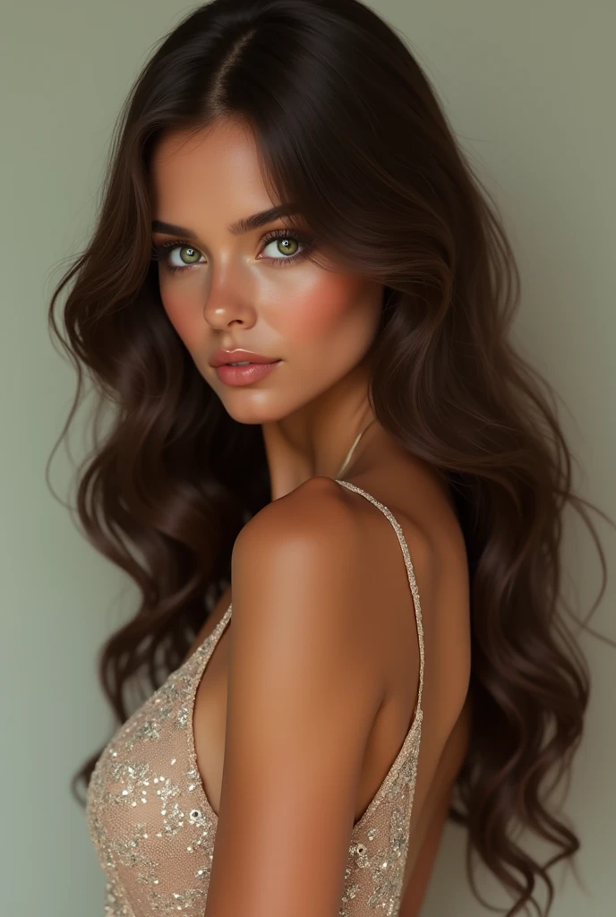 (best quality,4K,8k,high resolution, head of'artwork:1.2),ultra detailed, sharpness,(realistic,photorealistic,fotorrealistica:1.37),Extremely fine details, intricate details, wife, tanned skin, yeux verts, wavy brown hair, long backless dress