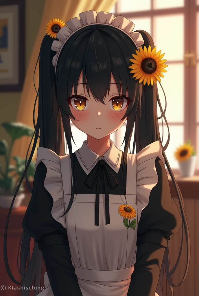 Idol　Black Hair　Twin tails　Maid clothes　Droopy eyebrows　Troubled face　Sunflower hair ornament　Sunflower Ribbon　Cafe