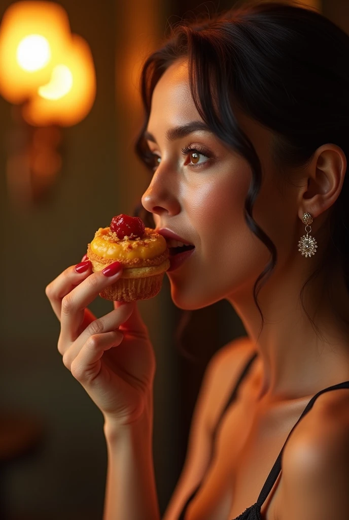 Stunning woman eating an incredible cinematic coxinha.