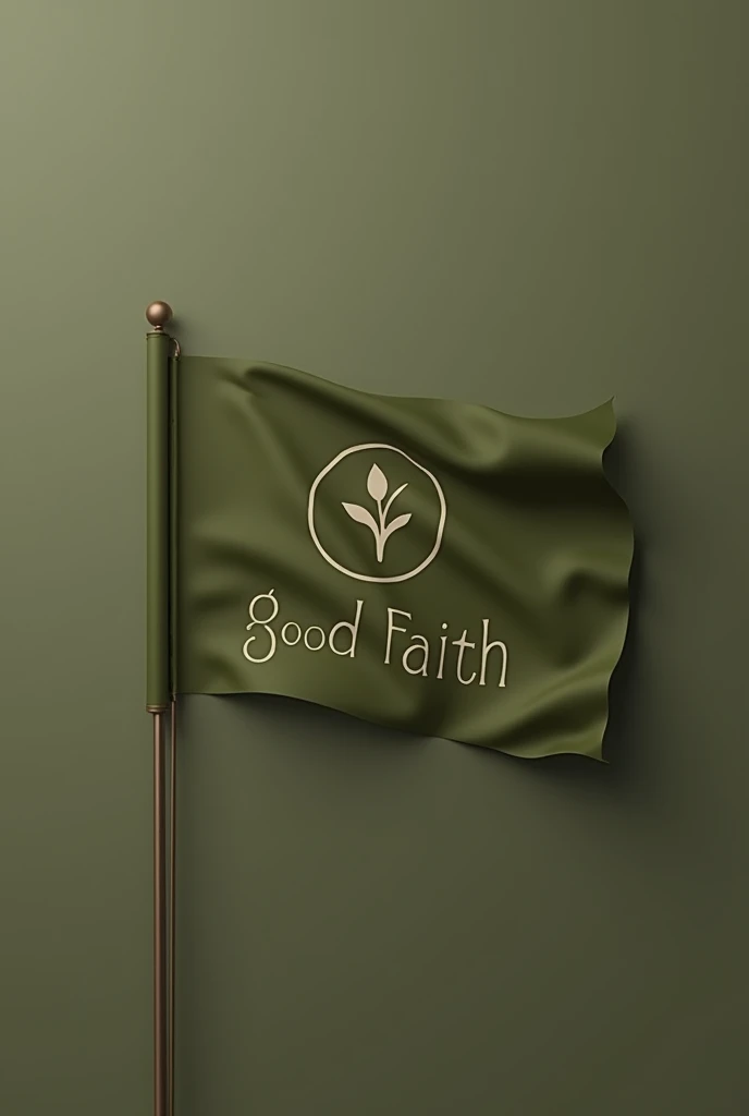 Create a minimalist olive green flag, with simple round coat of arms with the name good faith. And a symbol of a seed growing.