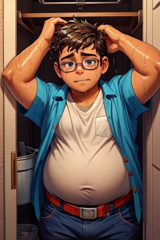 Chubby teen boy, 12 yo, nerd, locked in a closet, bucket on his head, wet glasses, crying, shirt, tight clothes, button pop