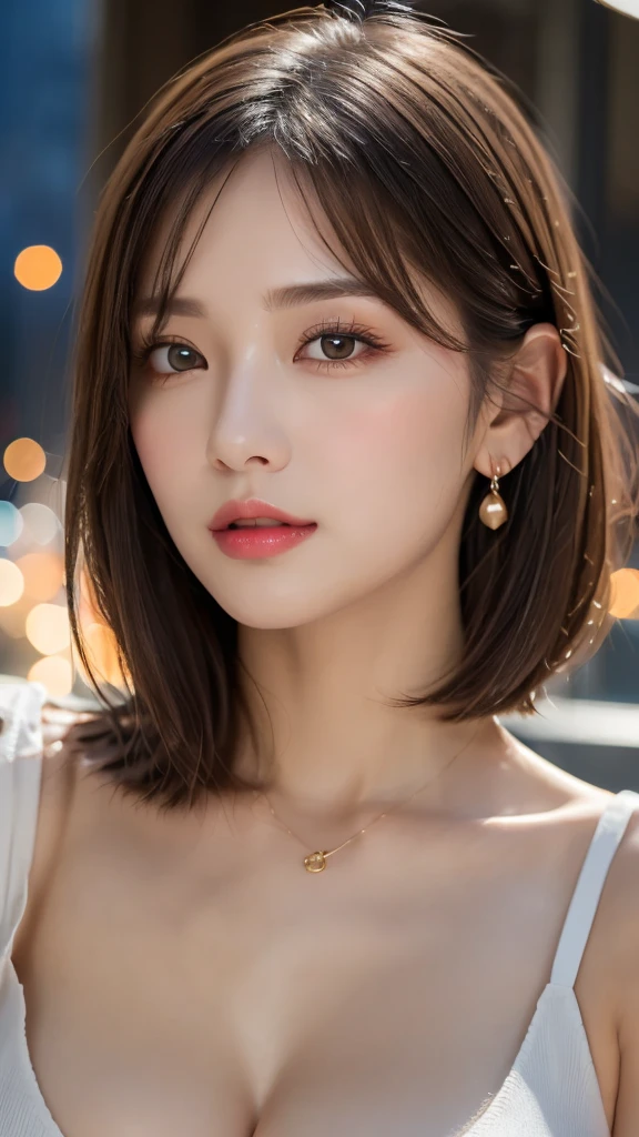 (Photorealistic, 32k, RAW photo, best quality:1.4), (masterpiece:1.3), (ultra high resolution, ultra realistic, highly detailed, golden ratio, ultra detailed), 1 beautiful woman, natural makeup, intricate cloth texture, finely detailed hair texture, beautiful full-body, perfect female form, anatomically accurate, highly detailed face and skin, (elegant hands), (realistic skin), (beautiful pale skin:1.1), (upper body, extreme close-up:1.8), (Oversized Breasts, generous cleavage1.3), (Wearing white Slip Dress:1.5), (Earrings, Pendant),
BREAK,
realistic eyes, captivating detailed eyes, symmetric eyes, light brown eyes, double eyelids, thin eyebrows, (glossy lips:1.4), (face waiting for kiss, blush:1.3),
BREAK,
((short bob cut, dark brown hair, bangs:1.2)), (Moonlit night, terrace:1.3)