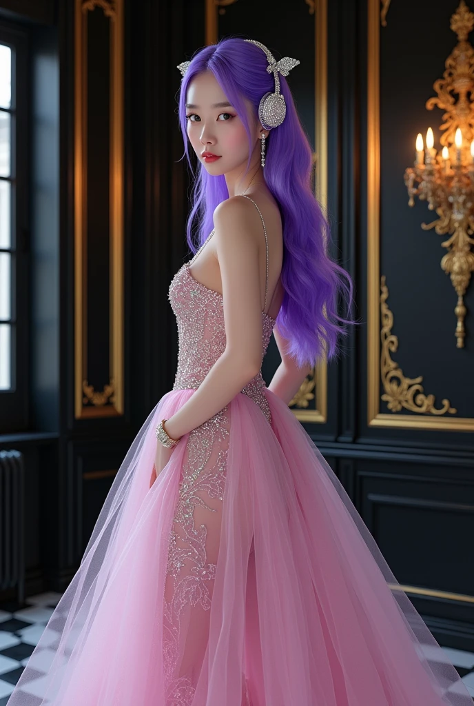 Korean purple hair butterfly woman in headset with transparent shiny shiny pink dress and shiny diamonds on headset full body The main scene: a ball with black walls chic with gold details princess outfit princess princess with korean headphones 