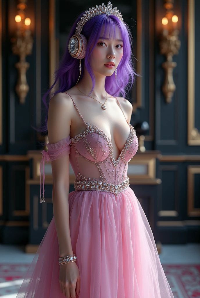 Korean purple hair butterfly woman in headset with transparent shiny shiny pink dress and shiny diamonds on headset full body The main scene: a ball with black walls chic with gold details princess outfit princess princess with korean headphones