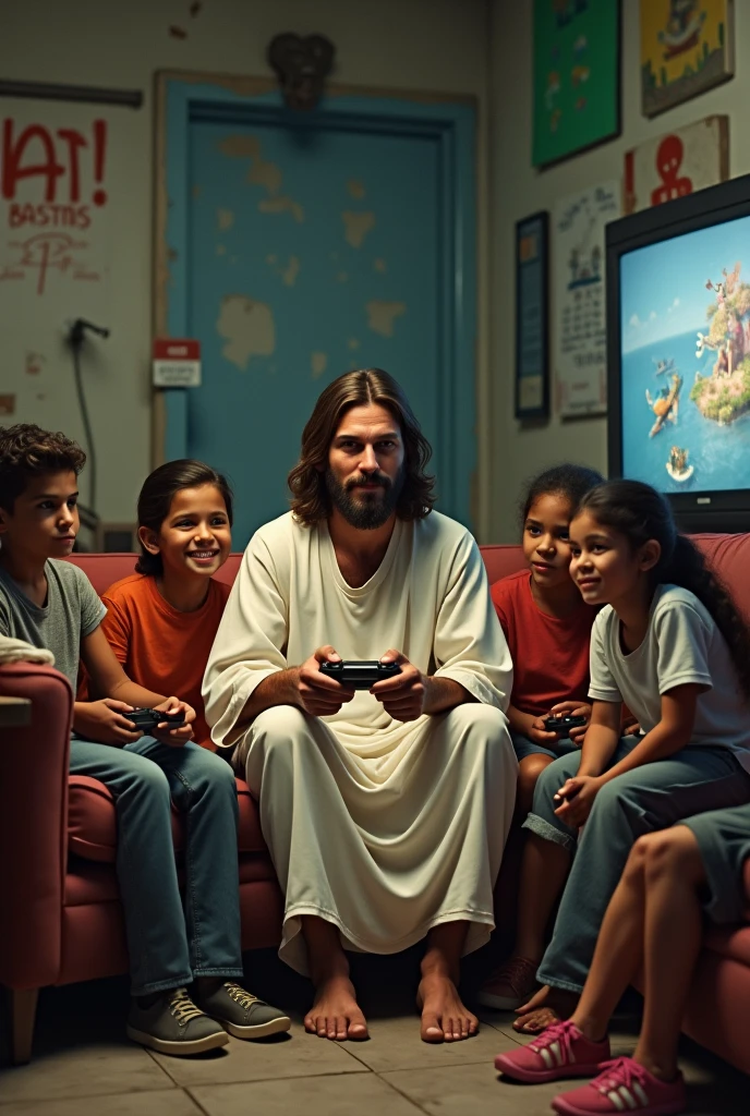 Create an image of Jesus playing Xbox with 4 children in a living room in a favela in Brazil and in the background there is a television where the game is being shown. 