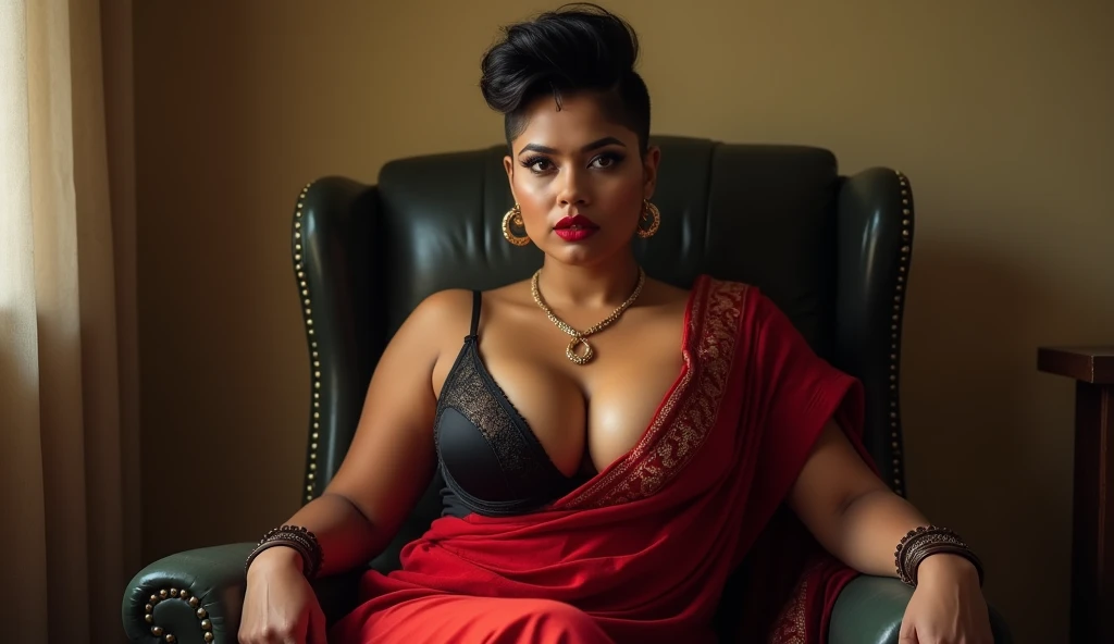 wolf cut hairstyle erotic hindu wife, sitting on chair, front facing, 4K, super realistic, huge breast, super big fake lips red lipstick super delicious body saree bra average body, full body