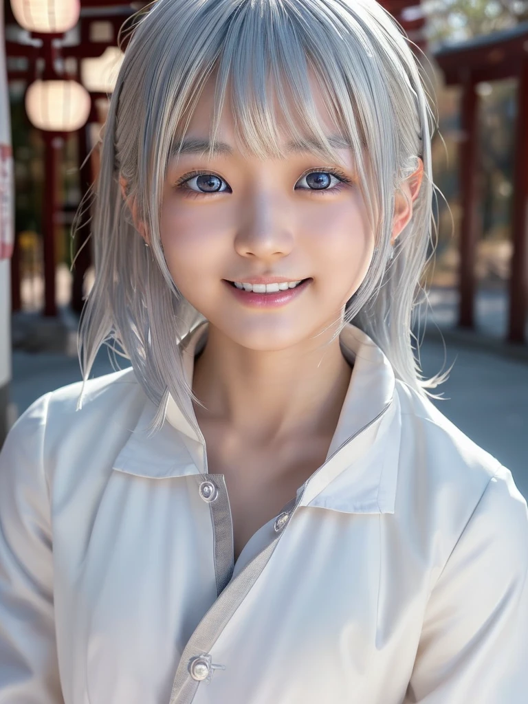 NSFW,Correct human anatomy、(a ultra cute beautiful Japanese girl wearing highschool white uniform:1.75),(charming smile:1.25),large clear light blue eyes,droppy eyes,balanced eyes,transparent white skin,(silver hair:1.5),photorealistic, 8k, ultra-detailed, masterpiece, realistic, vivid colors, beautiful detailed eyes, beautiful detailed lips, extremely detailed face, intricate details, hyper realistic, cinematic lighting, dramatic shadows, stunning composition, intense atmosphere, highly detailed skin, exquisite facial features, volumetric lighting, raytraced global illumination, physically-based rendering, professional digital art,high resolution fix,(sexual climax:1.5)