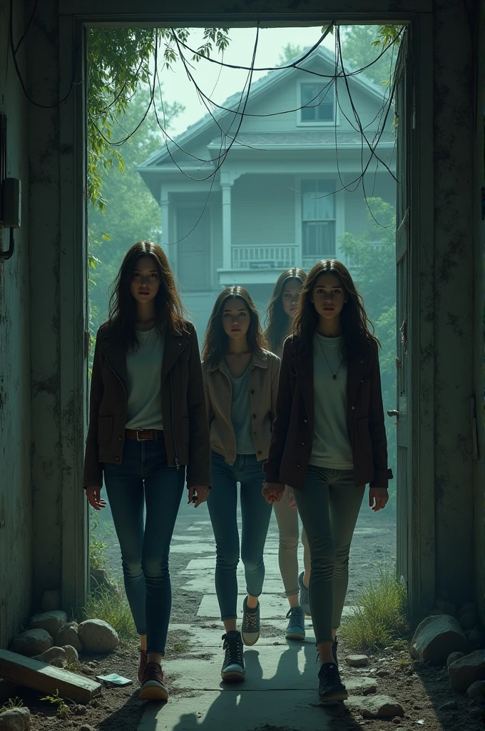 A group of friends of 2 males and 3 female teenagers entering an abandoned house