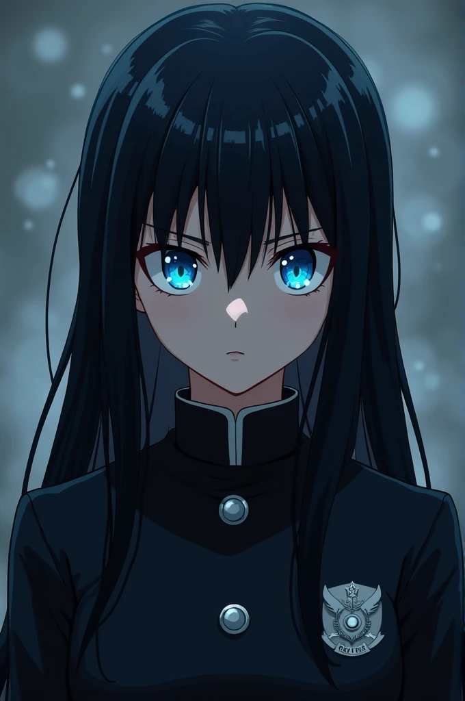 Serious girl with Jujutsu Kaisen design with blue eyes, black hair with bangs and dark uniform