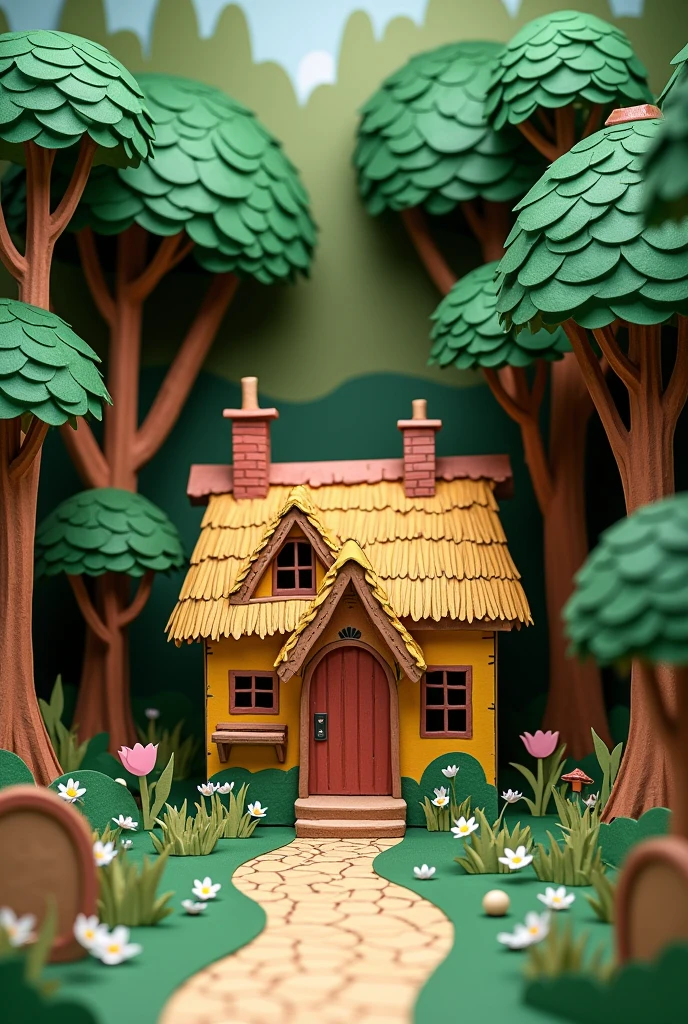 I would like you to design a house made of cardboard and cardboard trees around it., flores, birds like snow white's house for a school play set Make it look real not a drawing