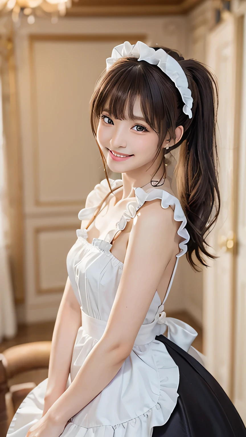 (Ultra-high quality, shot with DSLR, 8k, highest quality, high resolution, top quality, highest resolution, very beautiful woman, perfect anatomy), light brown eyes, very bright brown eyes, small diamond-shaped earrings, looking directly at the camera, beautiful brown hair, ((baby face, loosely cute medium ponytail)), very short and beautiful bangs on brown hair, E-cup bust, showing beautiful décolletage, very beautiful 20-year-old, lip gloss, smiling very happily, very cute smile, upper teeth, beautiful teeth, inside an elegant Western-style mansion (background only), slightly larger eyes, small face, tall supermodel, beautifully shaped model, random cute gravure pose, dynamic angle, eye focus, head tilt, very detailed and realistic, very beautiful 20-year-old, ((medium shot)), sharp jawline, ((maid costume cosplay)), deep waistline, sexy legs, side view, smiling very happily, laughing, summer noon.