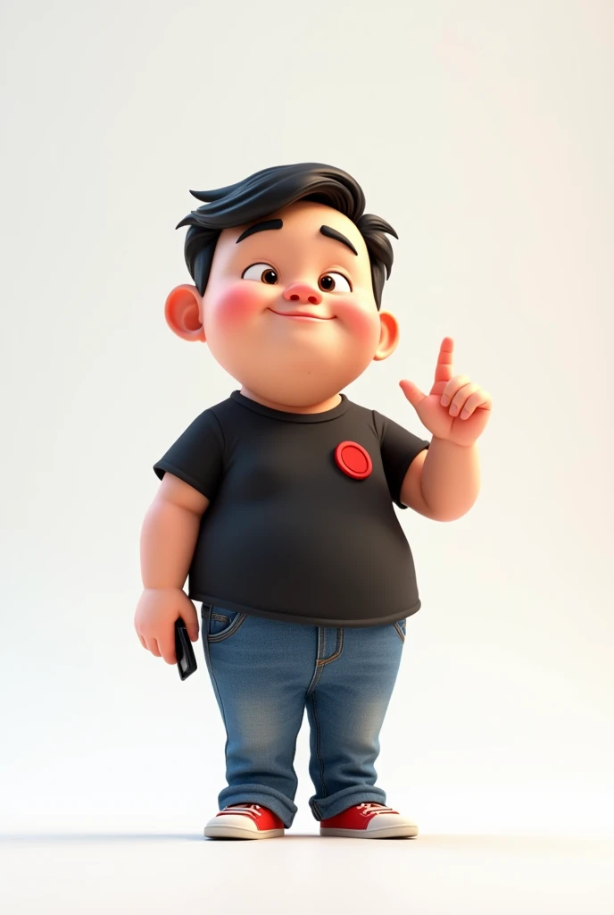Create a Disney Pixar style character in a white setting a white man,Round face, narigudo, with thick eyebrows, the short hair down, short in stature, wearing a black t-shirt with a red circle on the left chest and jeans, with one hand holding a cell phone and the other pointing upwards