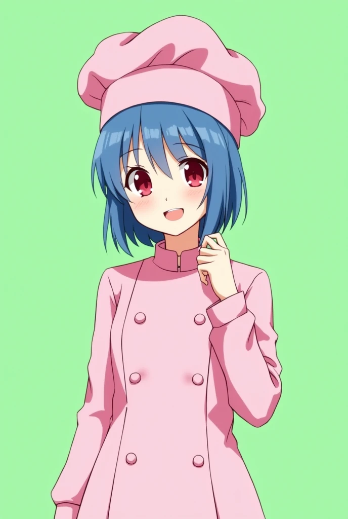 Female chef between 20 and 2, with a pink long-sleeved uniform and a chef's hat of the same color, 2D anime style with pastel colors, short blue hair, Red eyes ,with a happy expression, on a completely green and flat background