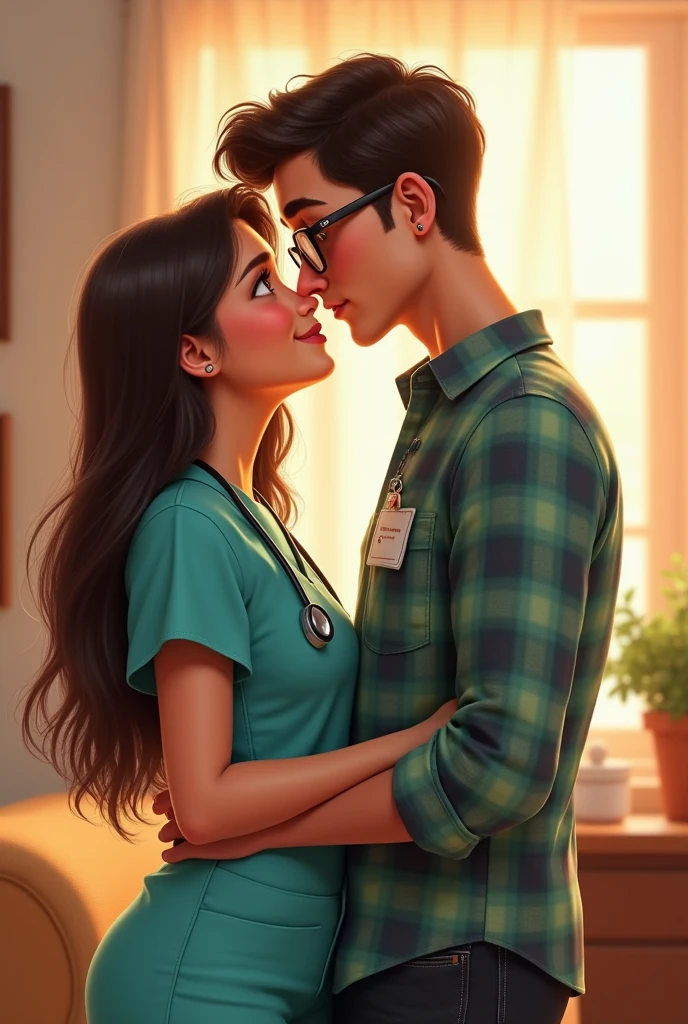 Nurse with tan skin and slightly chubby hips, straight hair, please, turquoise uniform, Pixar design, with her boyfriend in a long-sleeved plaid shirt and black jeans, white skin, with wavy hair, no earrings,    with black glasses and both lovingly giving each other a kiss