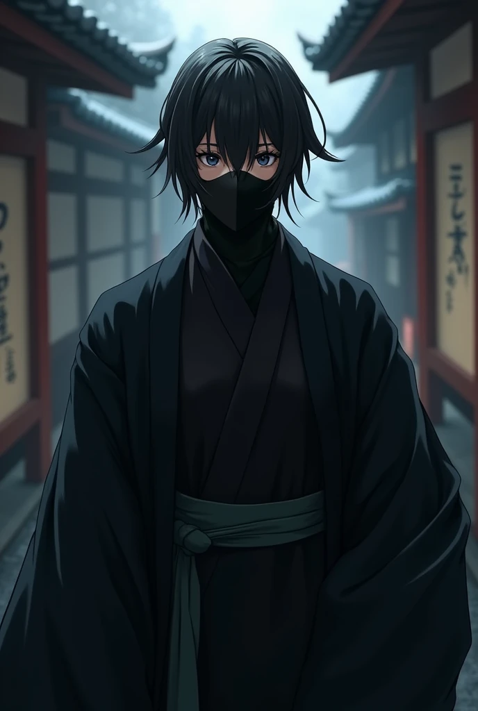 Create a masked anime-style character with a black haori 