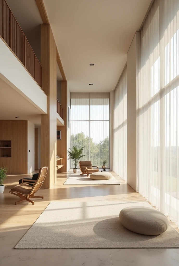 Designed with a simple and functional aesthetic, using neutral colors and natural materials. Emphasizes open space and efficiency.