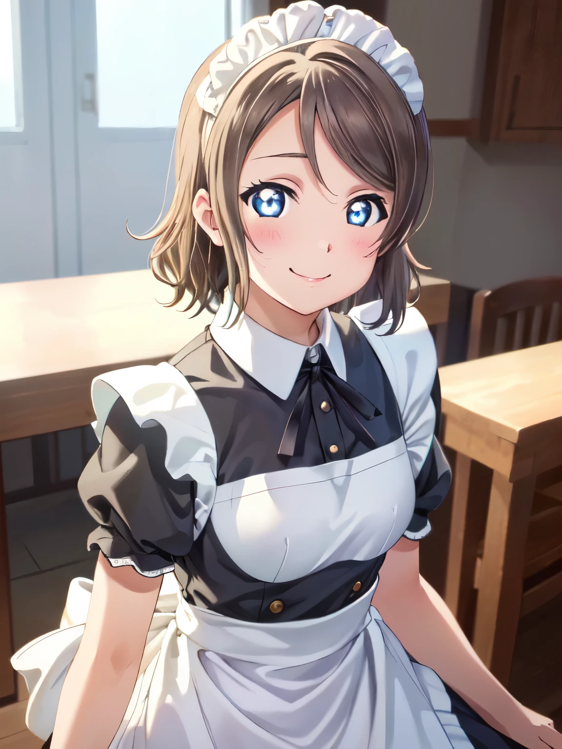 masterpiece, Highest quality, High resolution,Watanabe Yo,Closed Mouth、smile, Maid clothes、(ビクトリア朝Maid clothes:1.5)、Beautiful Eyes, Sharp pupils, Sharp focus, (Very detailed, bloom, Shine)、(Genuine、Realistic、Realistic)、High resolution、超High resolution,(View your viewers:1.2),Cowboy Shot