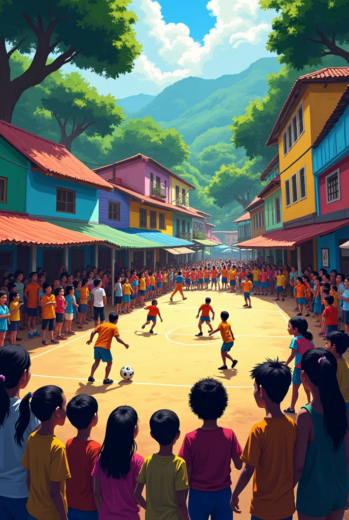 I wanted some art to announce an event calling "forest challenge" with the scenario of futsal inside the favela, with children admiring and lots of football, with very beautiful colors