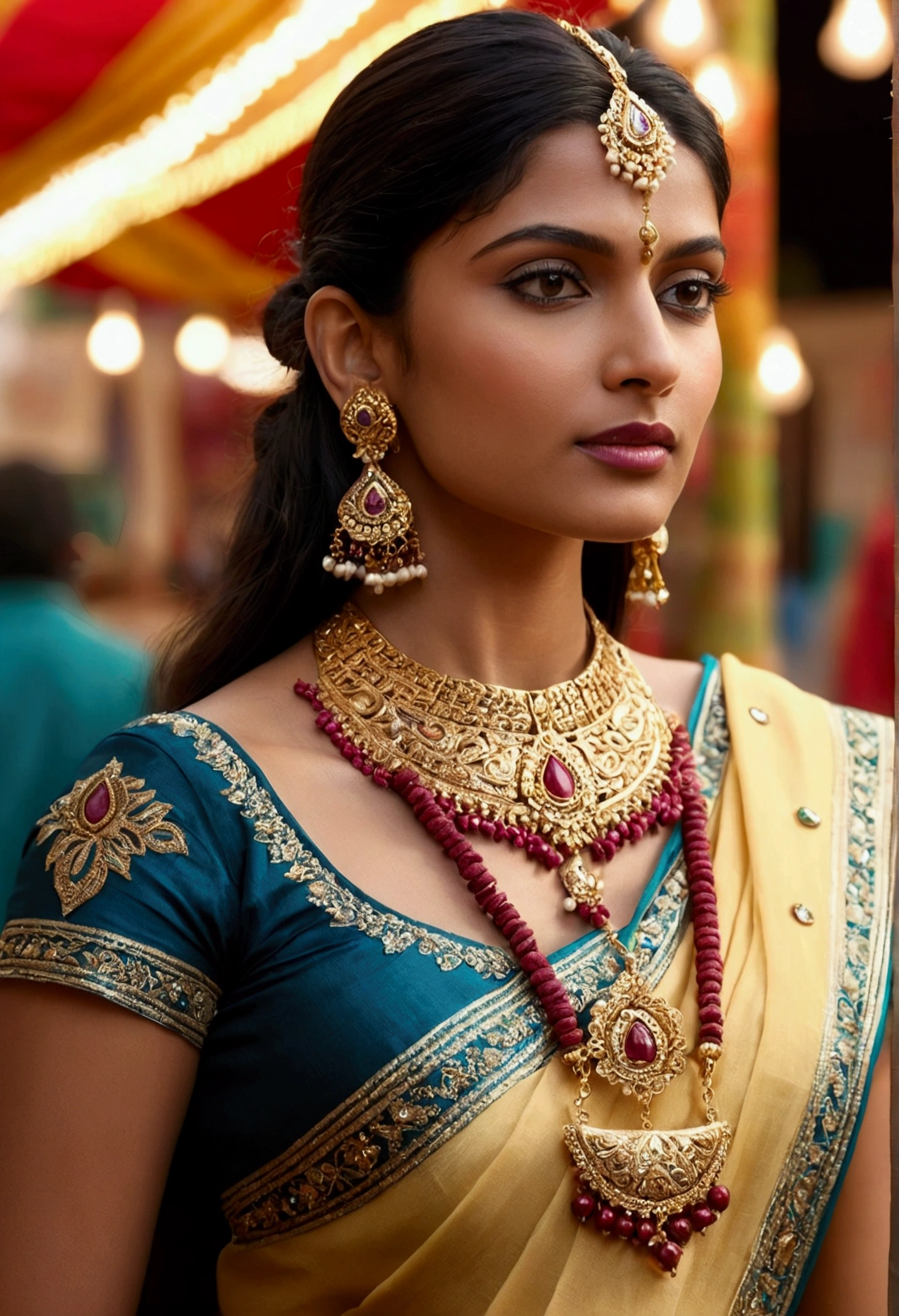 Big Anal Toy Big Pussy Lips
A close-up from an over-the-shoulder angle of an Indian model wearing an elaborate gold necklace and earrings, paired with a richly embroidered saree. The background features a soft-focus image of a traditional Indian market, adding a dynamic cultural element to the composition. The image is photorealistic, hyper-realistic digital, high quality, 8K Ultra HD.