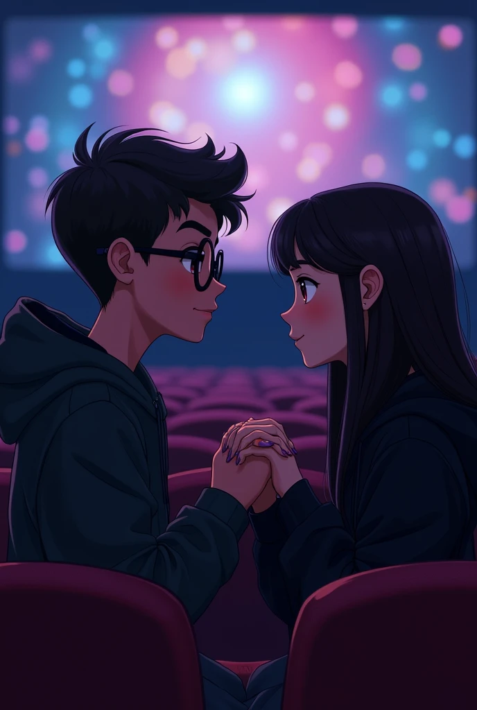 a couple, boy with circular glasses wide face , girl without glasses and long hair, purple nails, watching a movie getting to know each other for the first time , Both watching the movie and being seen face to face , They are at the cinema and the girl is wearing a black hoodie, shaking hands for the first time