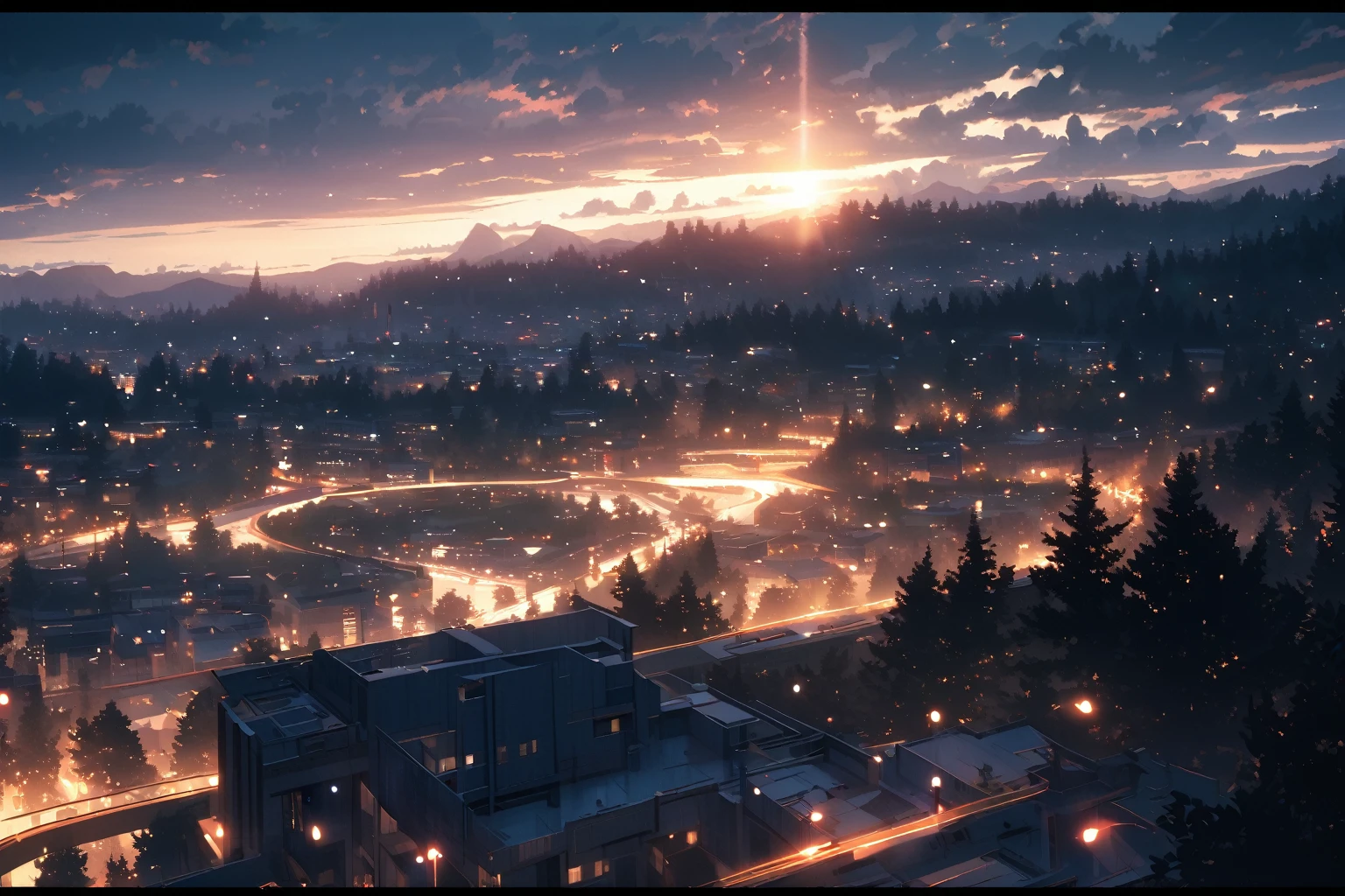 Peaceful city, trees, wind, dramatic lighting
