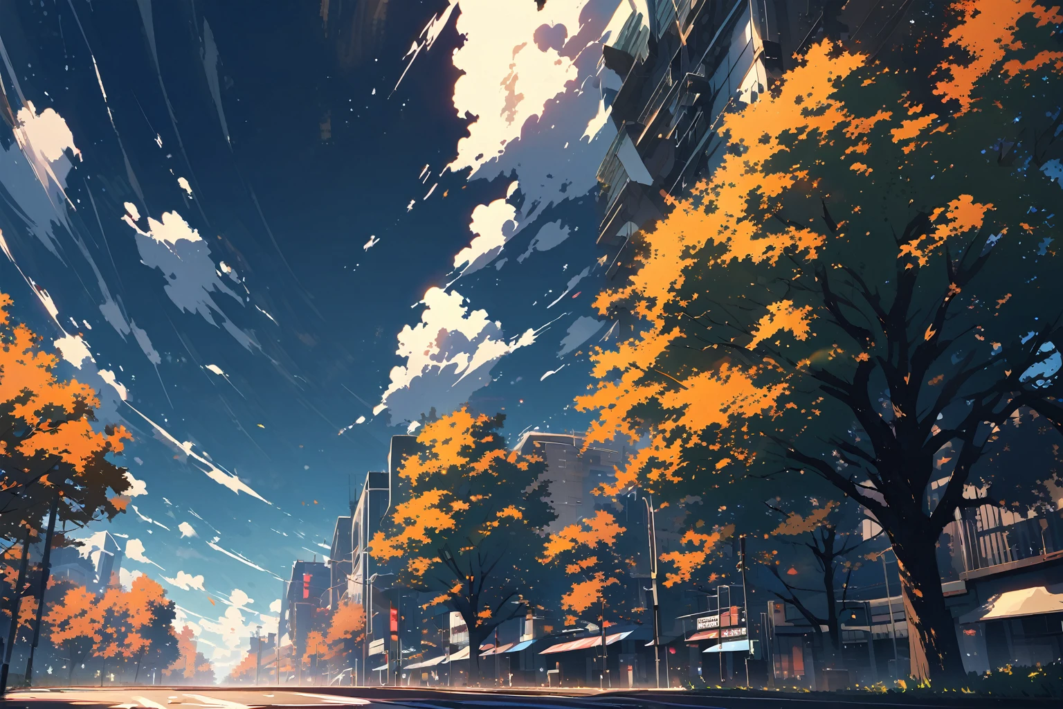 Peaceful city, trees, wind, dramatic lighting