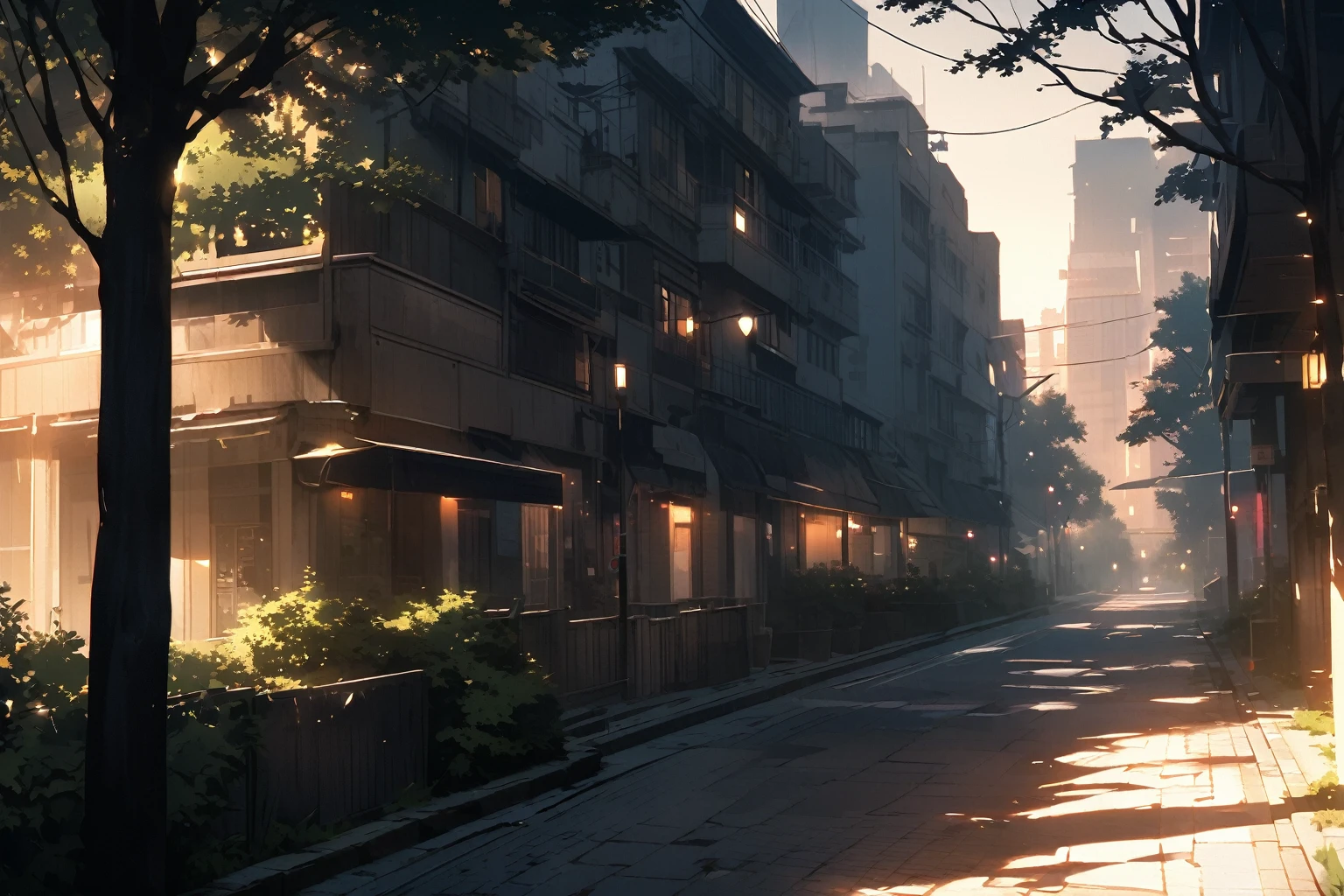 Peaceful city, trees, wind, dramatic lighting