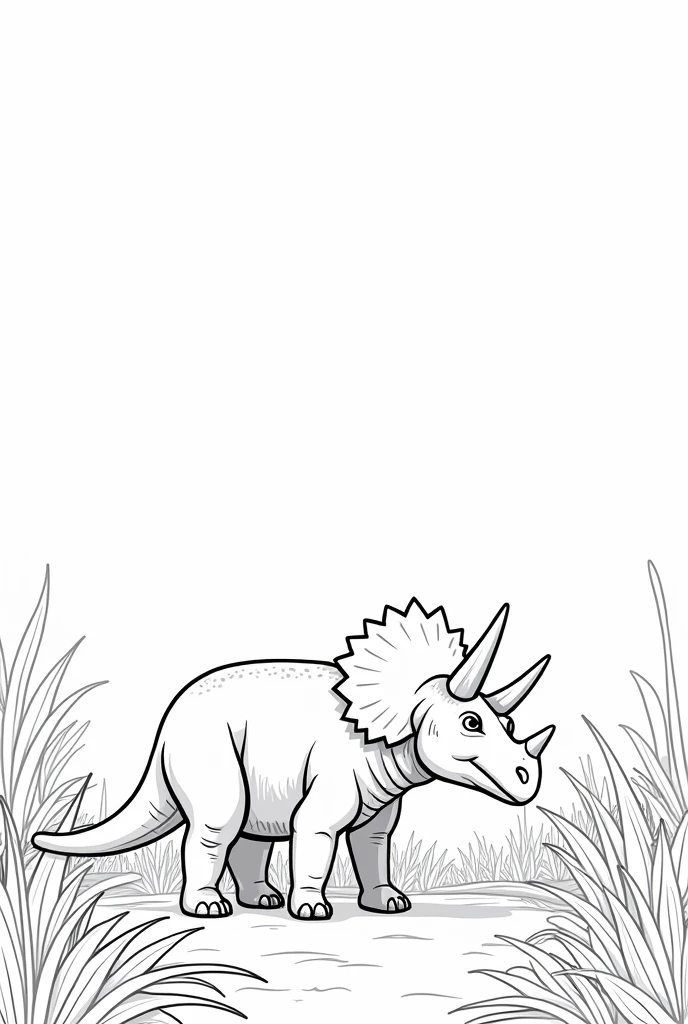 A BLANK PAGE WITH AN OUTLINED SILHOUETTE OF A TRICERATOPS IN ITS HABITAT TO COLOR