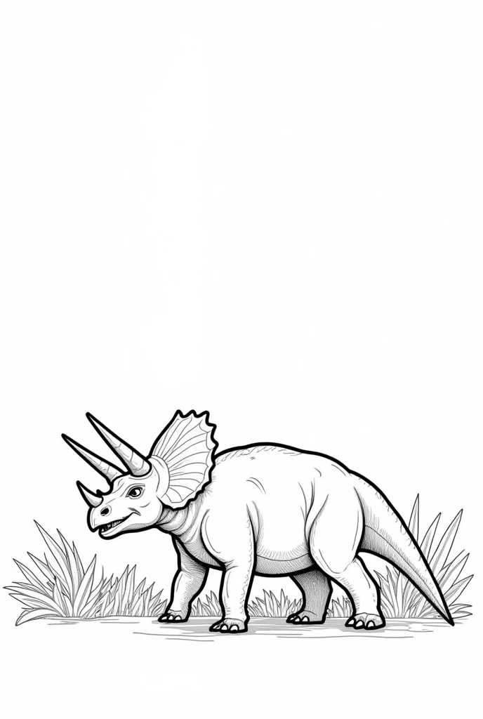 A BLANK PAGE WITH AN OUTLINED SILHOUETTE OF A TRICERATOPS IN ITS HABITAT TO COLOR